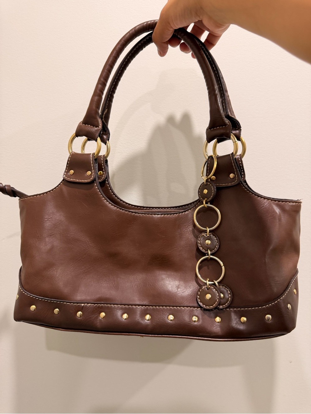 Women's Brown Leather Shoulder Bag with Gold Ring Accent